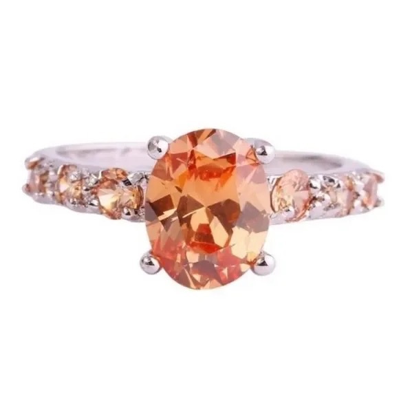 New S925 Sterling Silver Rare Golden Orange Topaz Oval Cut Luxurious Ring - Picture 3 of 16